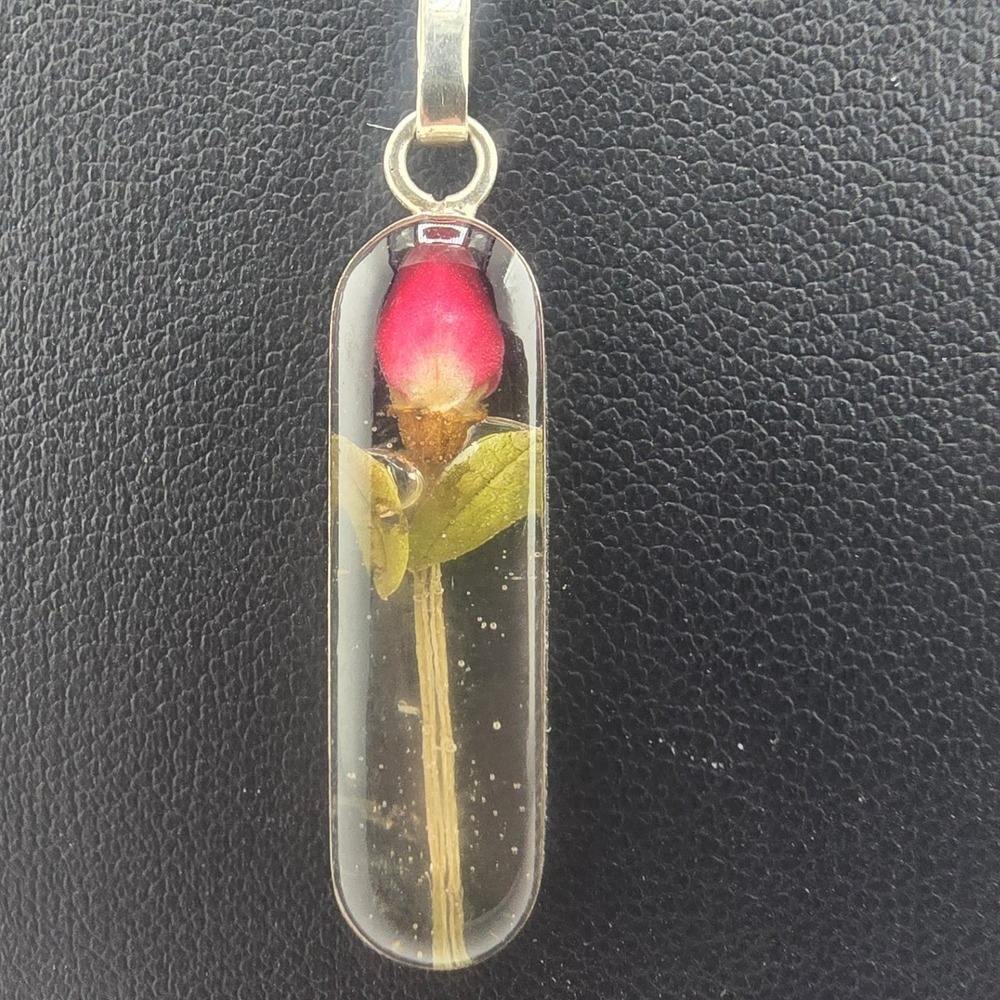 Vintage ATI Mexico Necklace Silver Real Dried Rose Resin Pendant Italy 20in